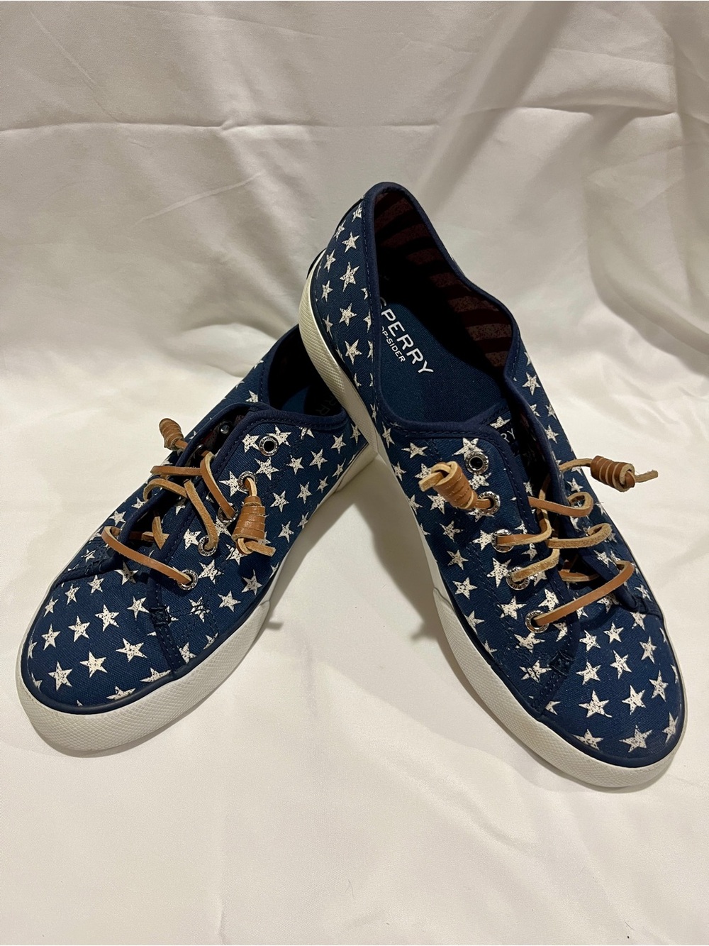 Sperry Navy Star-Print Canvas Boat Shoes with Tan Laces